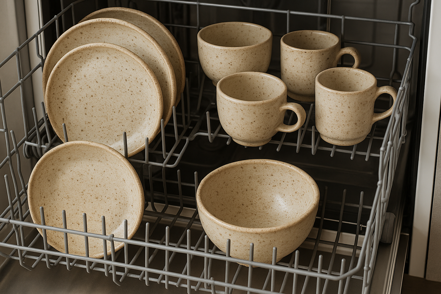 Afbeelding met handgemaakte, gespikkelde keramiek in kleuren beige en ecru die in een afwasmachine zitten